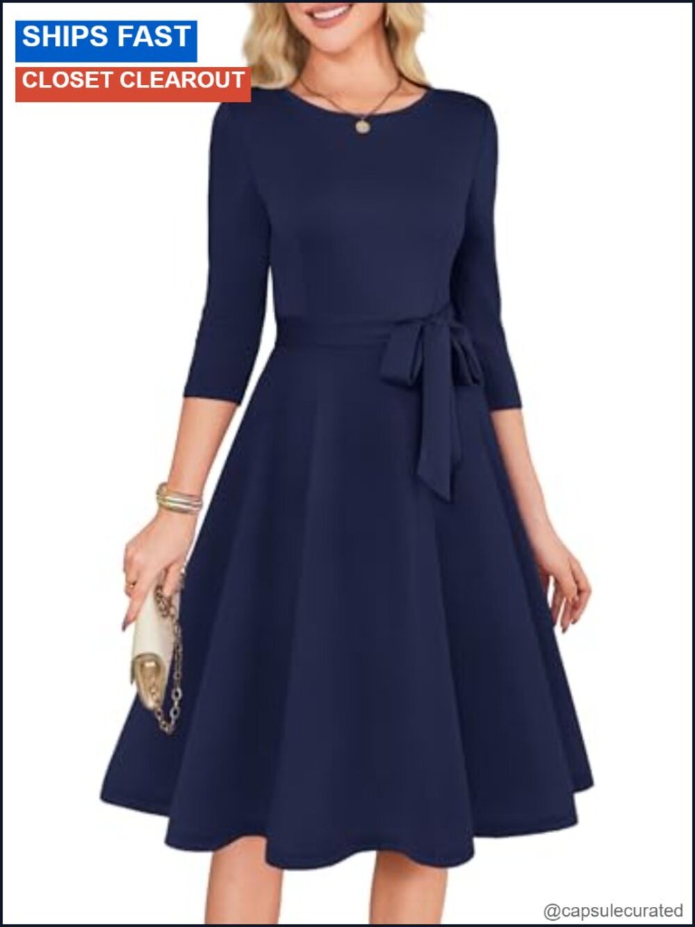 Women's A-Line Cocktail Dress 3/4 Sleeve Belted Formal Midi